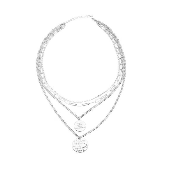 Metallic Plate with Engraved Message & Charm Layered Link Chain Necklace - Picture 1 of 4